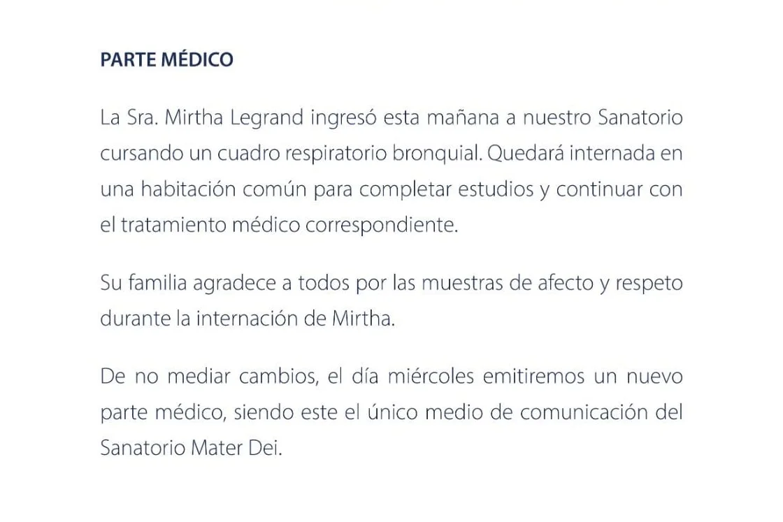Dieron a conocer el primer parte médico de la salud de Mirtha Legrand